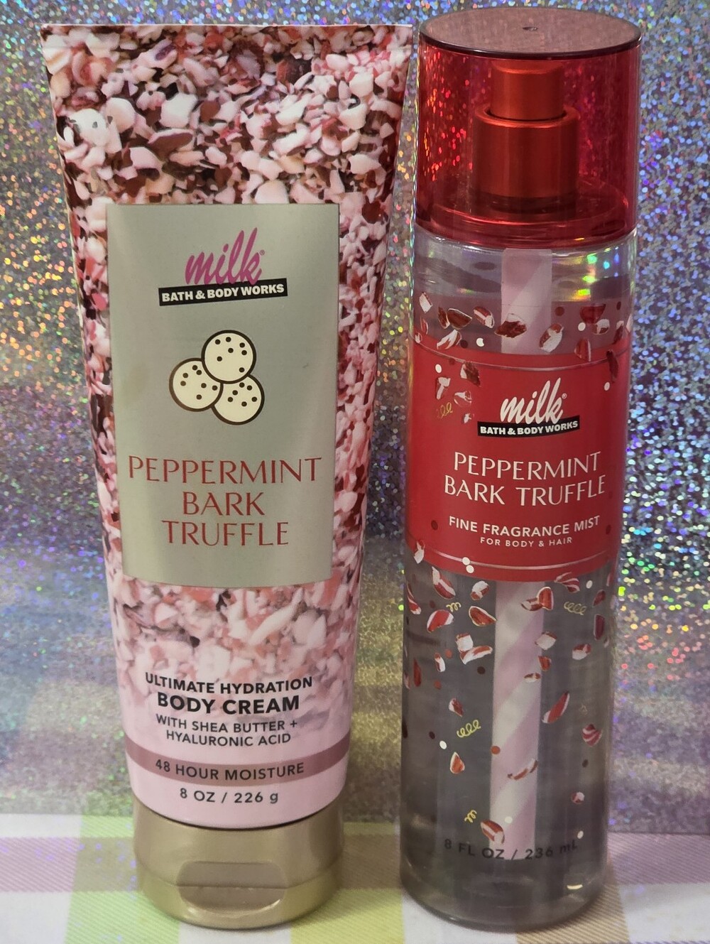 Bath Body Works Peppermint Bark Truffle Body Cream & Fragrance Mist Set NEW RARE